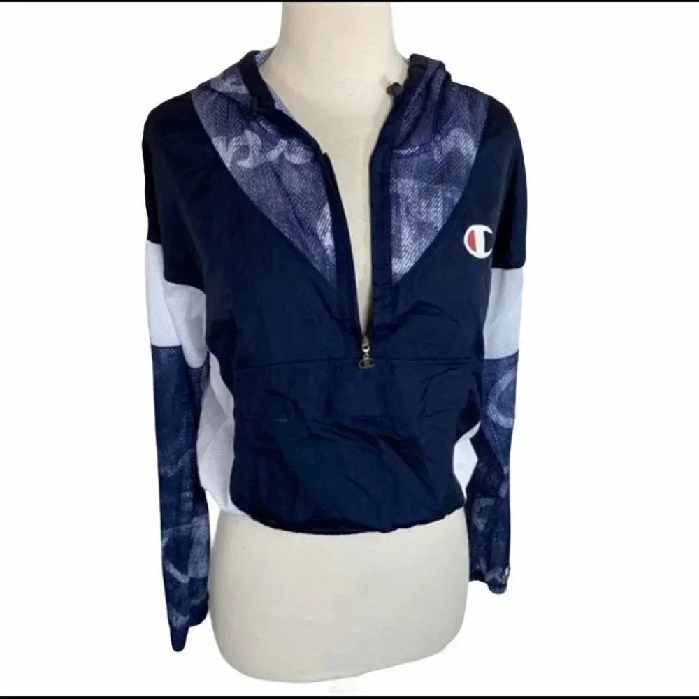 Champion Windbreaker XS Navy Blue White Colorblock Quarter‎ Zip Hooded Pullover